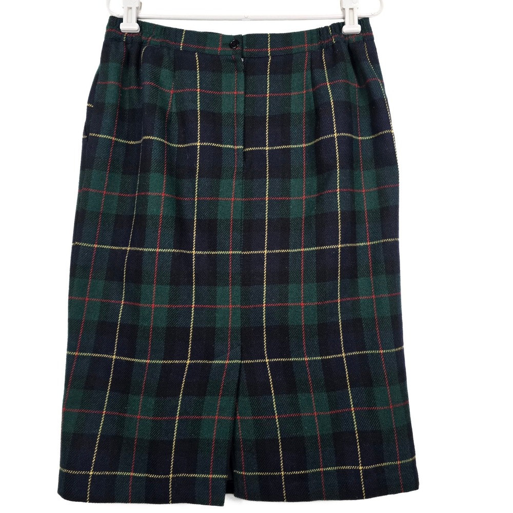 Vintage Katie Brooke Plaid Wool Blend Pencil Skirt Green Navy Tartan Size 14 - Picture 13 of 14
